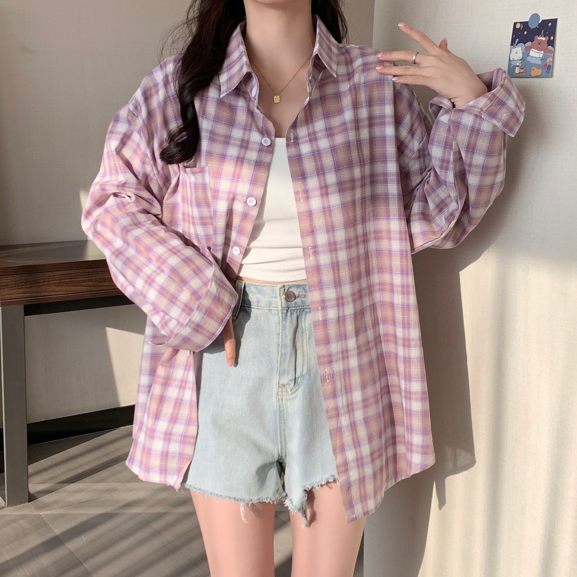 Elegant Lavender Purple Plaid Shirt Style Casual Top Design Sense Small Batch Sunscreen Blouse Jacket for Women