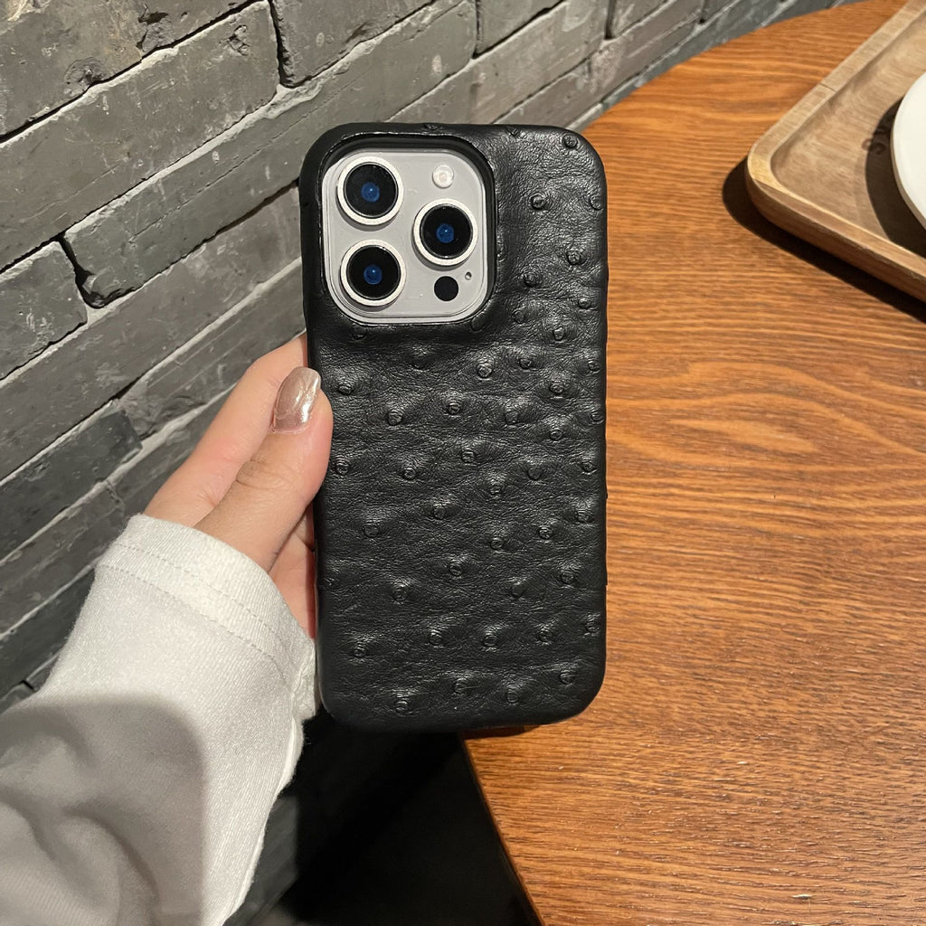 Ostrich pattern leather suitable for Apple 16promax phone case iPhone 15 half pack 14 hard 13 anti drop 12/11