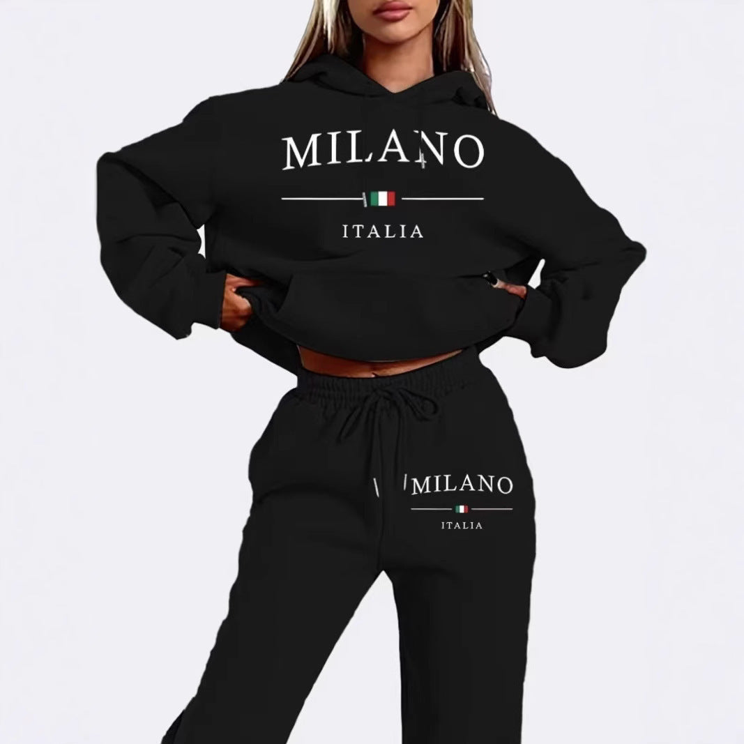 International  Hoodie and Sweatpants Set for Men and Women, Casual Fleece-lined Hooded Sweatsuit, Foreign Trade Print