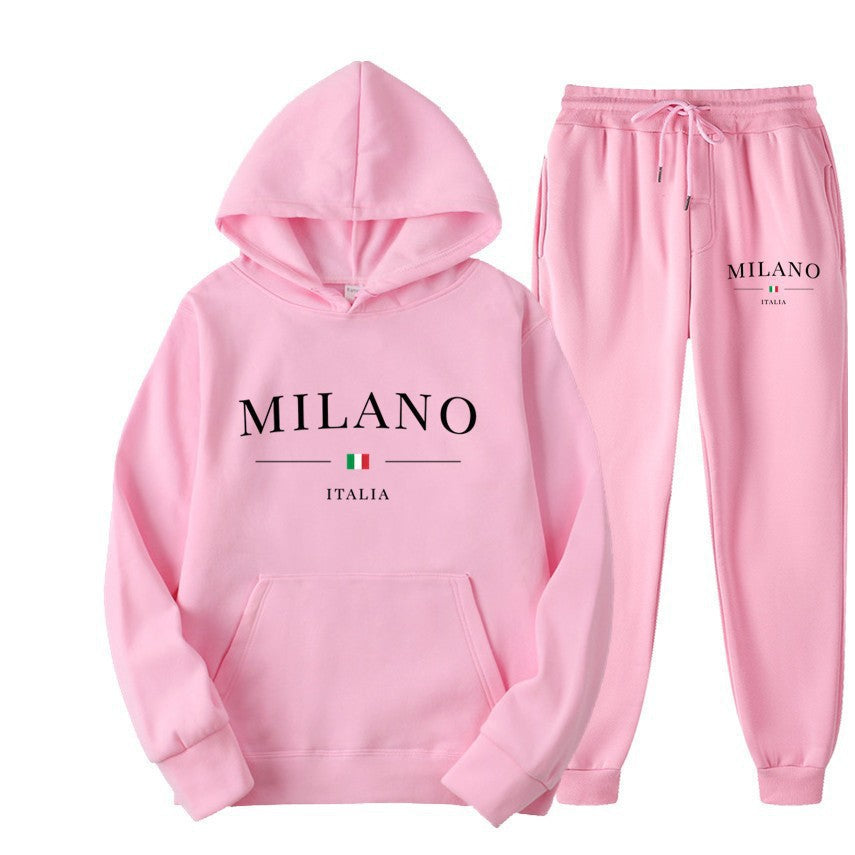 International  Hoodie and Sweatpants Set for Men and Women, Casual Fleece-lined Hooded Sweatsuit, Foreign Trade Print
