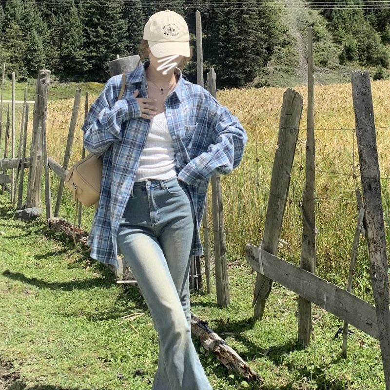 Retro Plaid Shirt Loose and Versatile Sunscreen Blouse for Women Summer