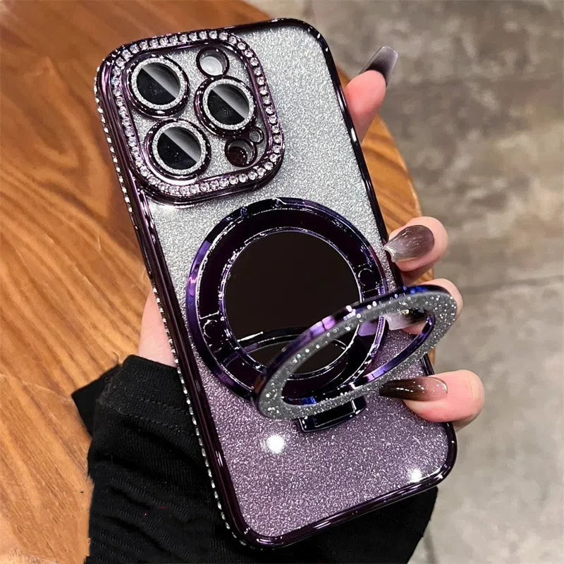 Makeup mirror holder 16E suitable for iPhone 16 Pro phone case 14 glitter magnetic edge diamond Apple 15 protective cover