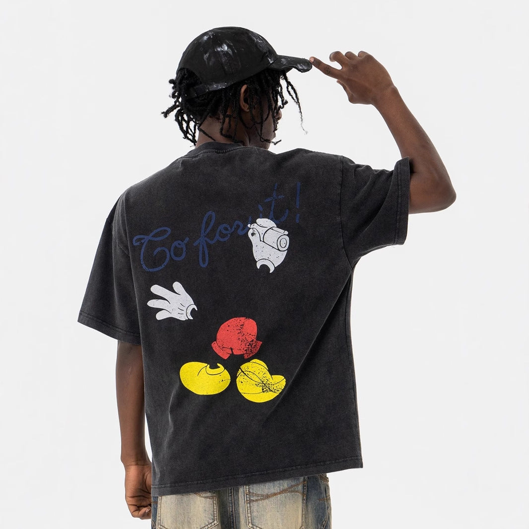 Men's Clothing Cartoon Mark Destroyed Print Heavyweight Washed Short Sleeve T-Shirt