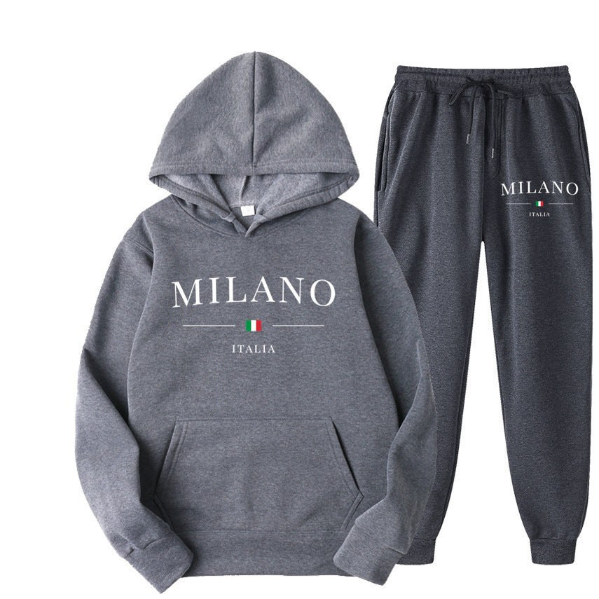 International  Hoodie and Sweatpants Set for Men and Women, Casual Fleece-lined Hooded Sweatsuit, Foreign Trade Print