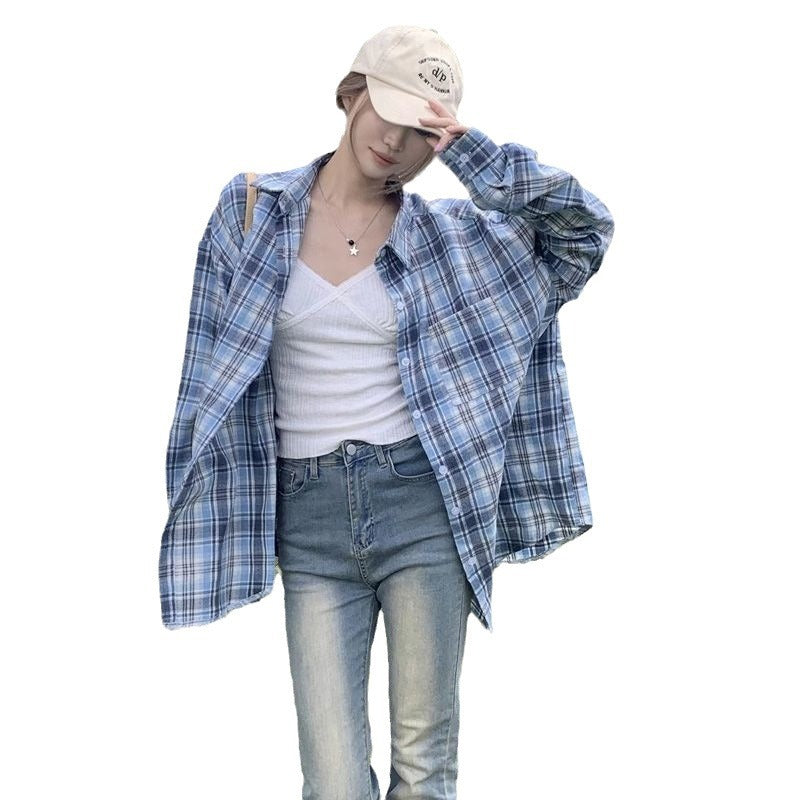 Retro Plaid Shirt Loose and Versatile Sunscreen Blouse for Women Summer