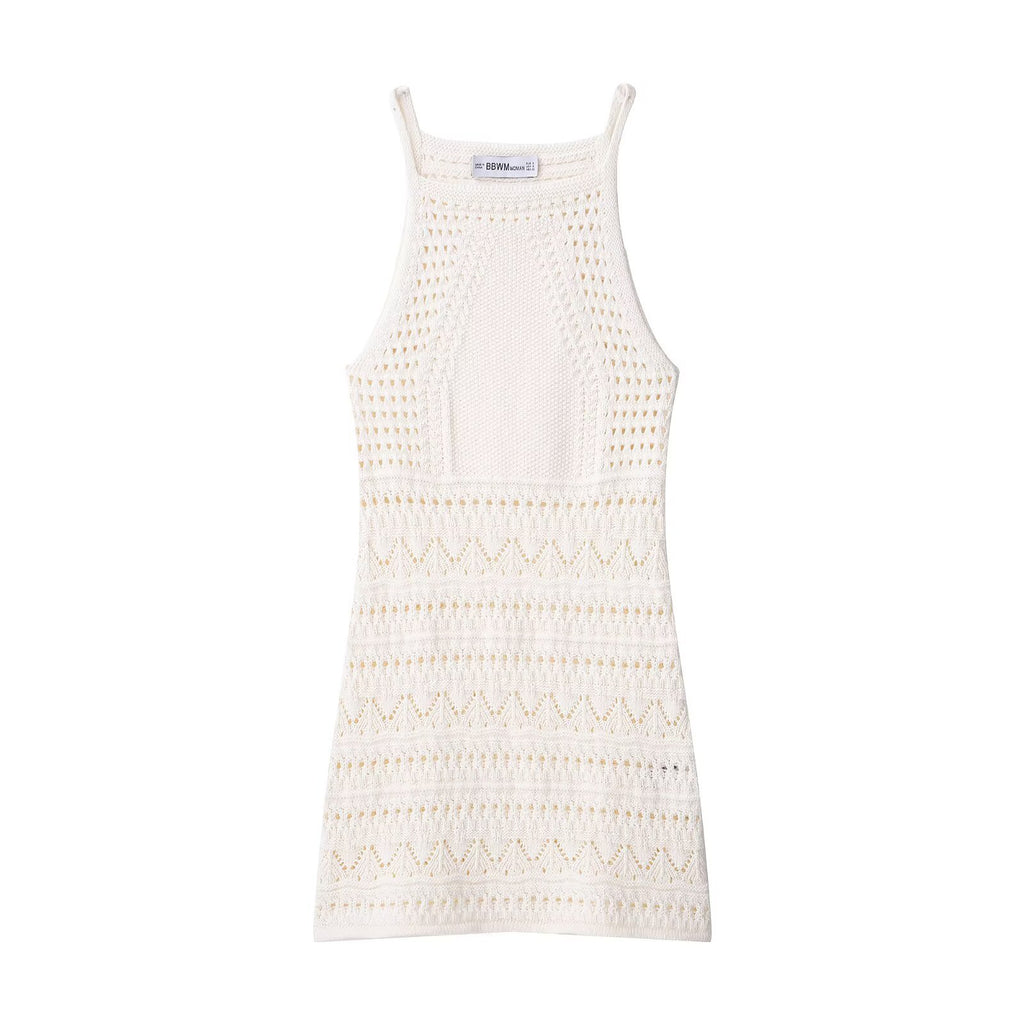 Round neck sleeveless suspender white crochet dress for women
