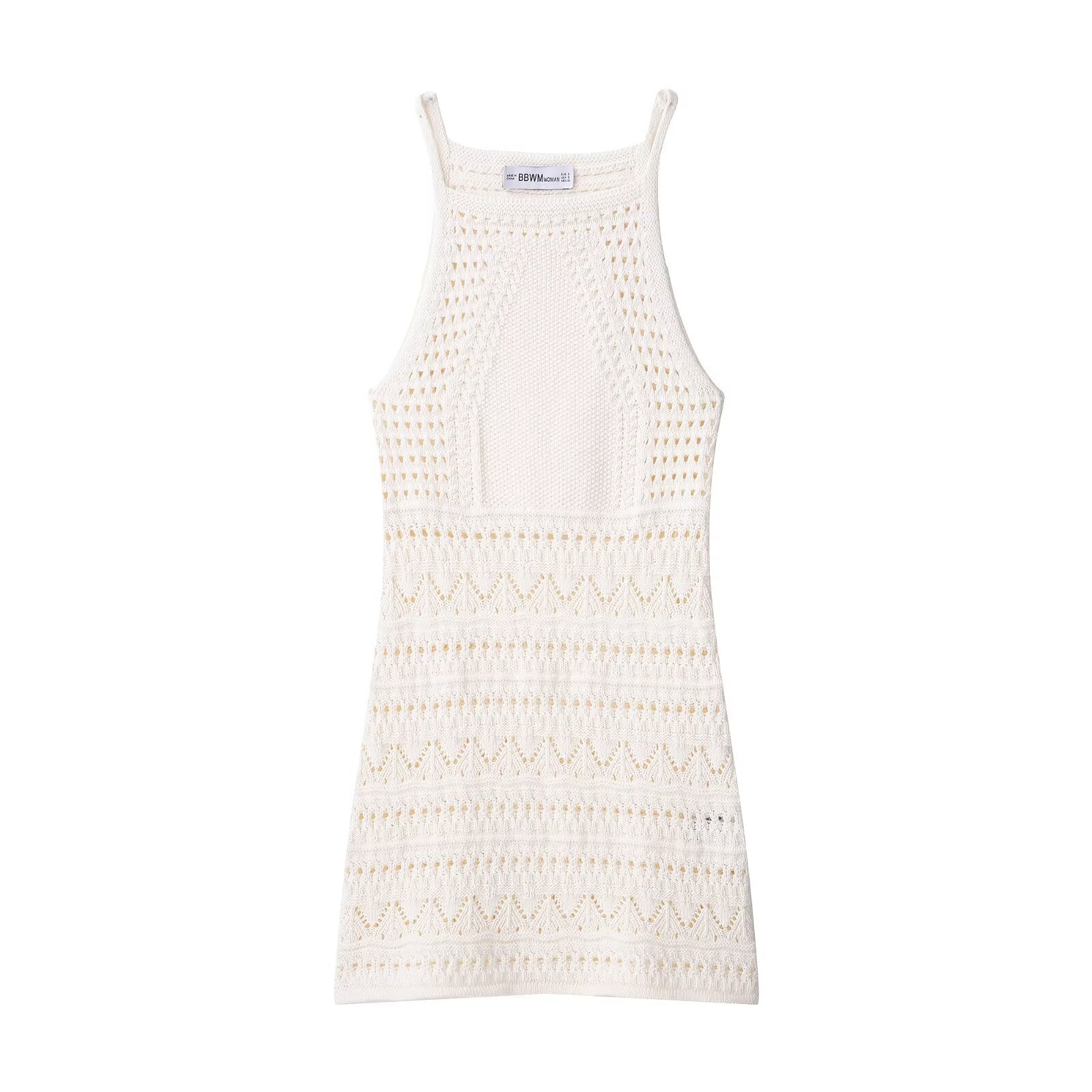 Round neck sleeveless suspender white crochet dress for women