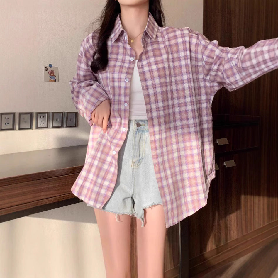 Elegant Lavender Purple Plaid Shirt Style Casual Top Design Sense Small Batch Sunscreen Blouse Jacket for Women