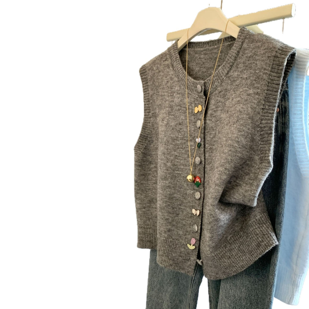 Sweet Style Colorful Button Knit Vest for Women Sleeveless Loose Slim Waistcoat Top