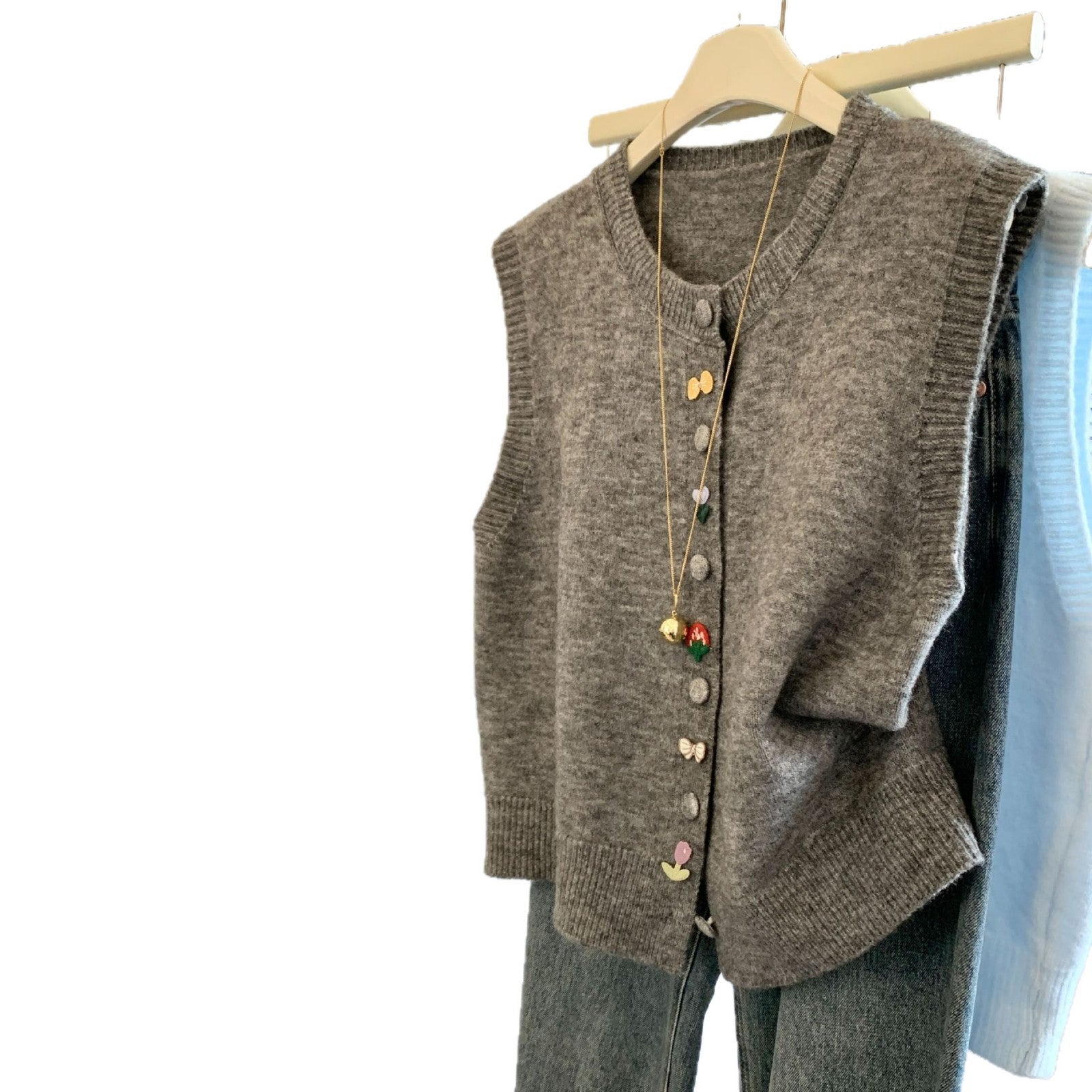 Sweet Style Colorful Button Knit Vest for Women Sleeveless Loose Slim Waistcoat Top