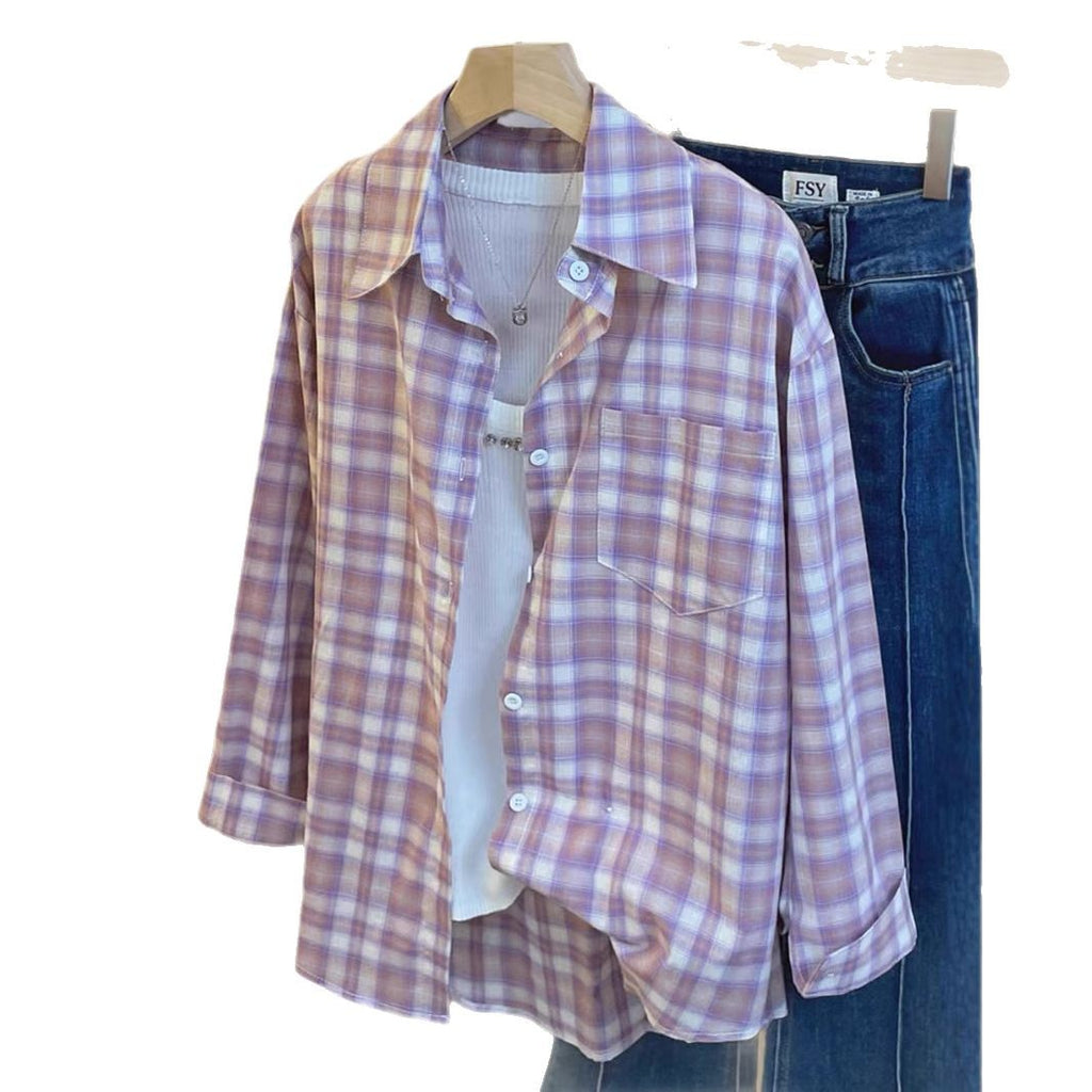 Elegant Lavender Purple Plaid Shirt Style Casual Top Design Sense Small Batch Sunscreen Blouse Jacket for Women