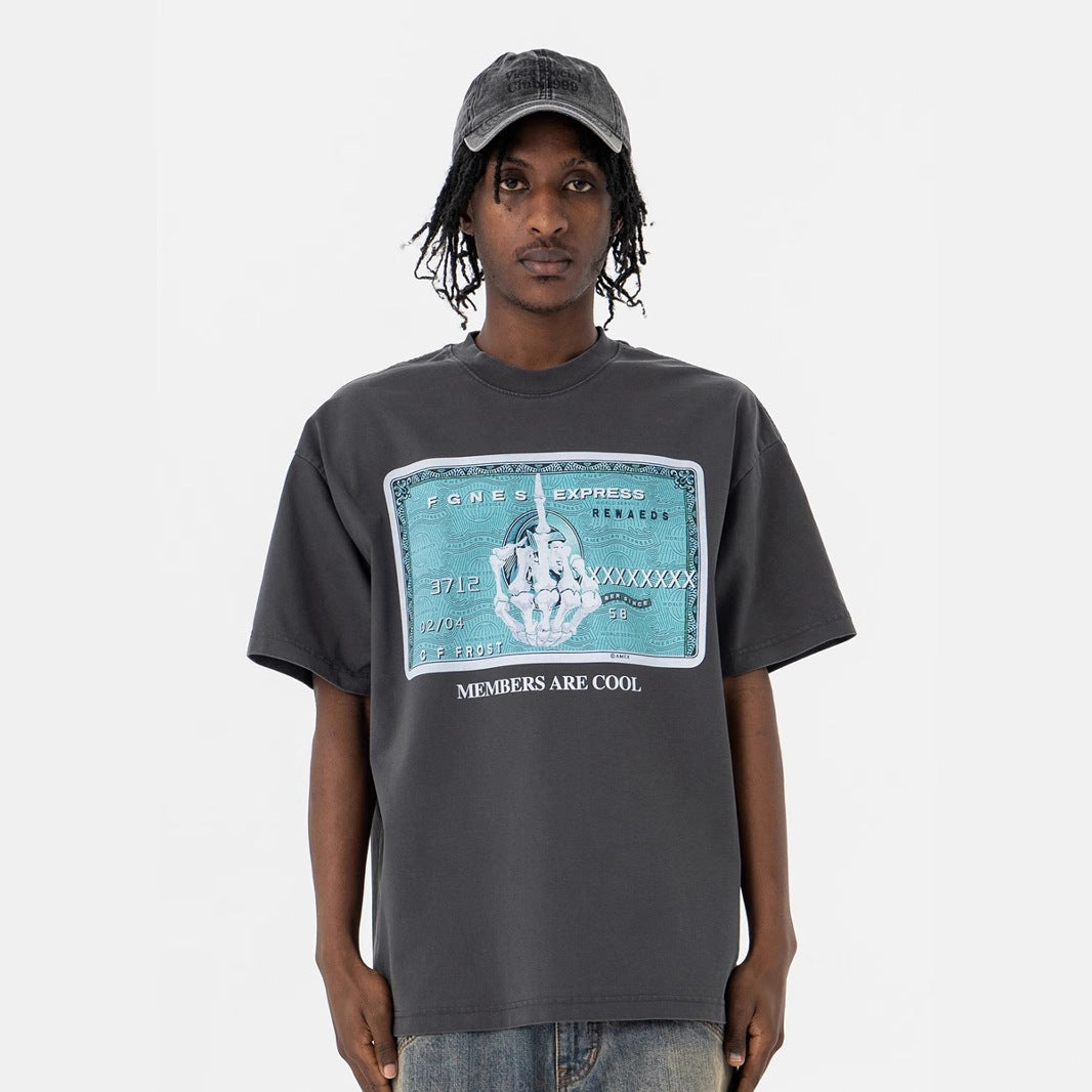 Men's Clothing Skull Finger Print Washed Retro High Street Short Sleeve T-Shirt