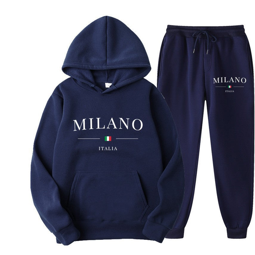 International  Hoodie and Sweatpants Set for Men and Women, Casual Fleece-lined Hooded Sweatsuit, Foreign Trade Print