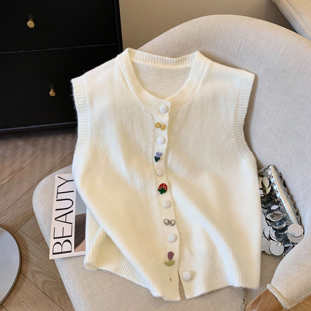 Sweet Style Colorful Button Knit Vest for Women Sleeveless Loose Slim Waistcoat Top