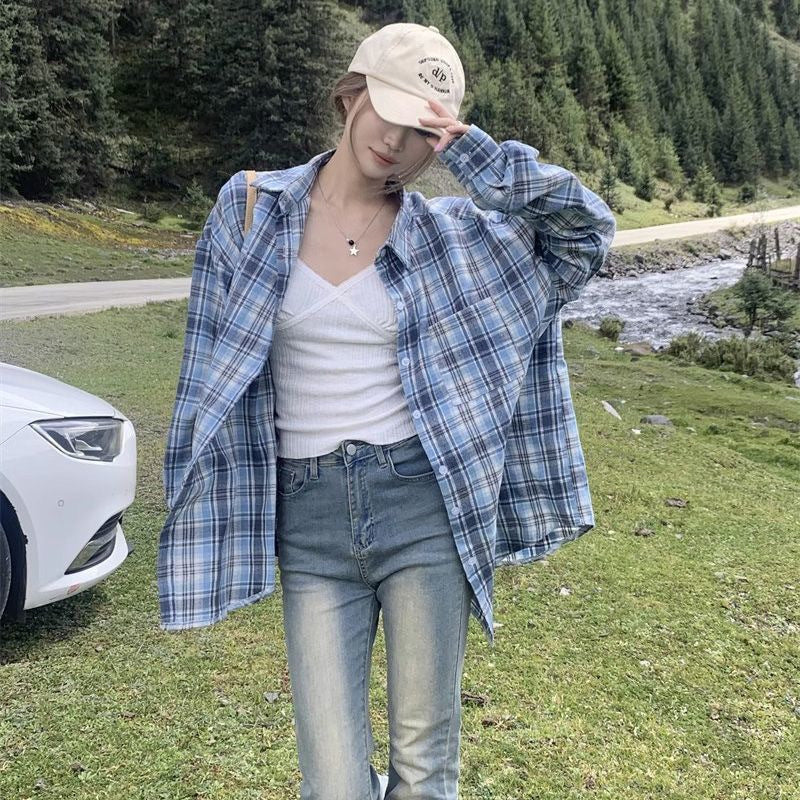 Retro Plaid Shirt Loose and Versatile Sunscreen Blouse for Women Summer