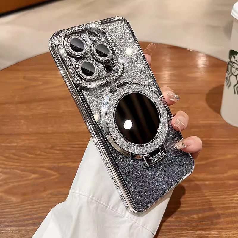 Makeup mirror holder 16E suitable for iPhone 16 Pro phone case 14 glitter magnetic edge diamond Apple 15 protective cover