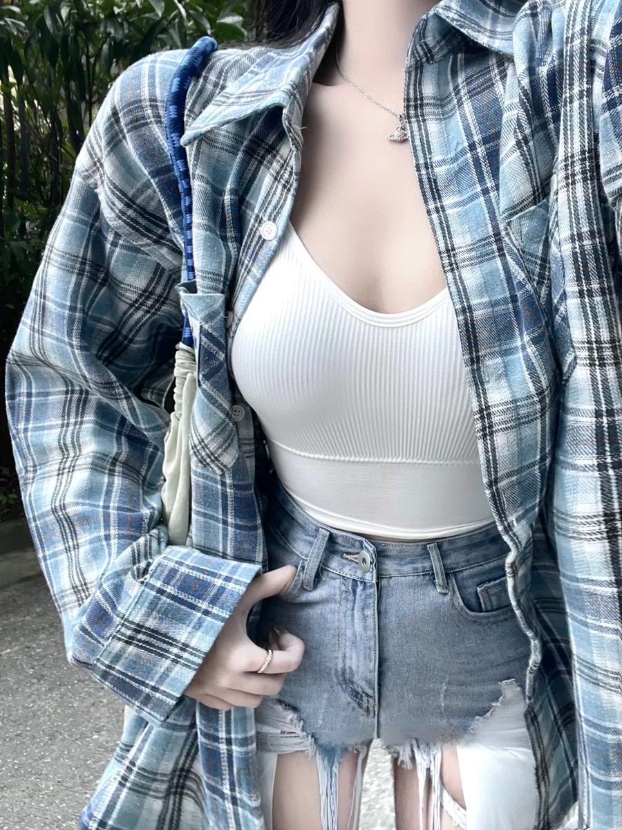 Retro Plaid Shirt Loose and Versatile Sunscreen Blouse for Women Summer