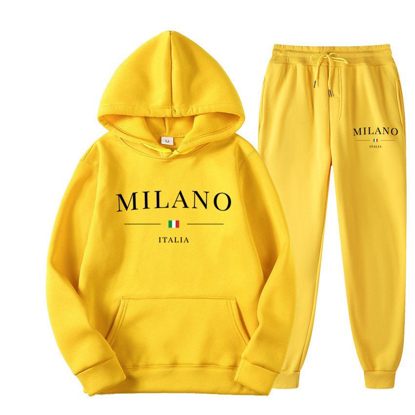 International  Hoodie and Sweatpants Set for Men and Women, Casual Fleece-lined Hooded Sweatsuit, Foreign Trade Print