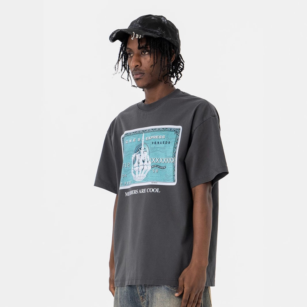 Men's Clothing Skull Finger Print Washed Retro High Street Short Sleeve T-Shirt