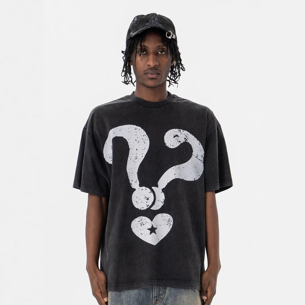 Men's Clothing Cartoon Mark Destroyed Print Heavyweight Washed Short Sleeve T-Shirt