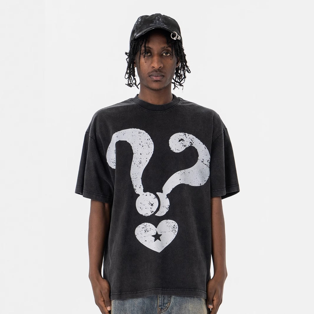 Men's Clothing Cartoon Mark Destroyed Print Heavyweight Washed Short Sleeve T-Shirt