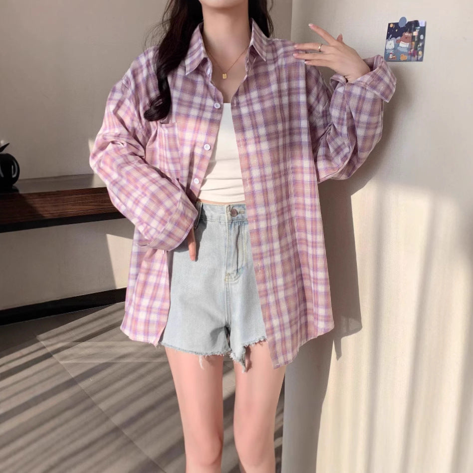 Elegant Lavender Purple Plaid Shirt Style Casual Top Design Sense Small Batch Sunscreen Blouse Jacket for Women