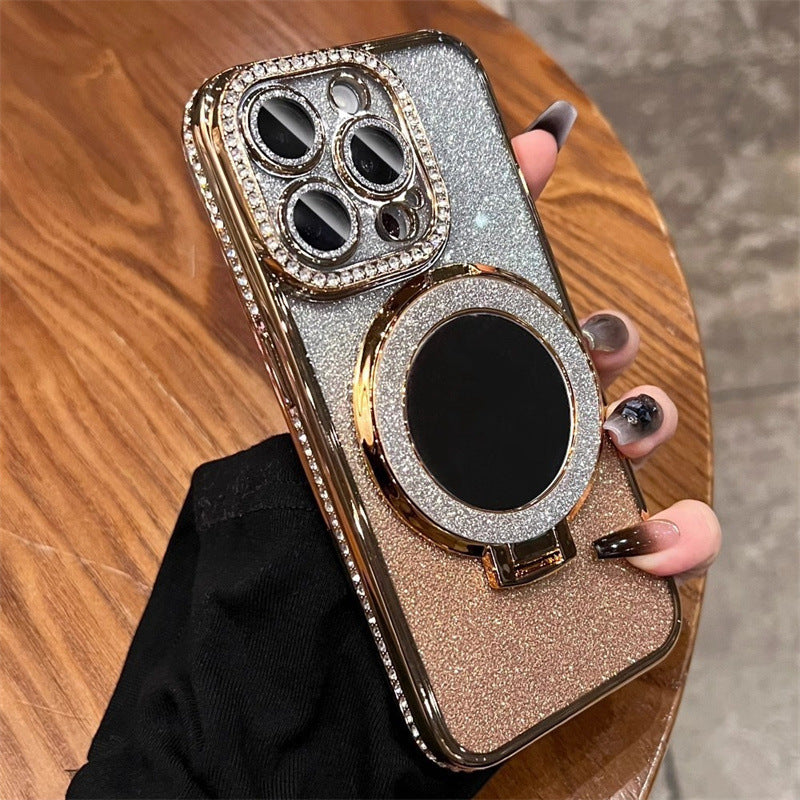 Makeup mirror holder 16E suitable for iPhone 16 Pro phone case 14 glitter magnetic edge diamond Apple 15 protective cover