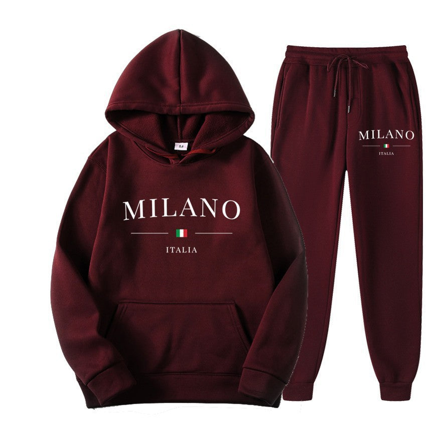 International  Hoodie and Sweatpants Set for Men and Women, Casual Fleece-lined Hooded Sweatsuit, Foreign Trade Print