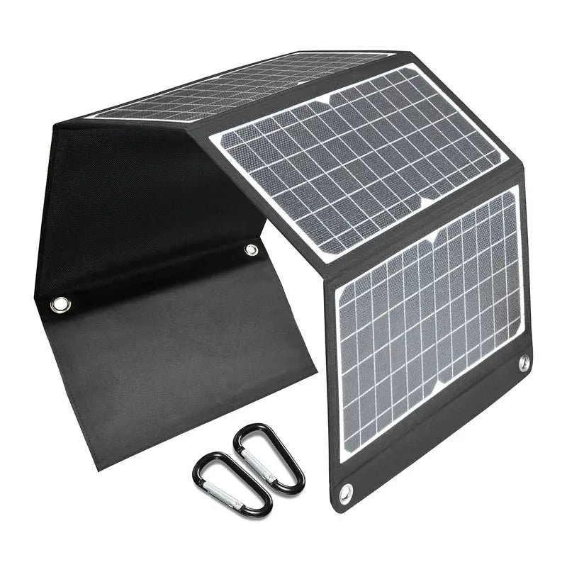 Portable Solar Charger for hiking and camping with foldable design and carabiners.