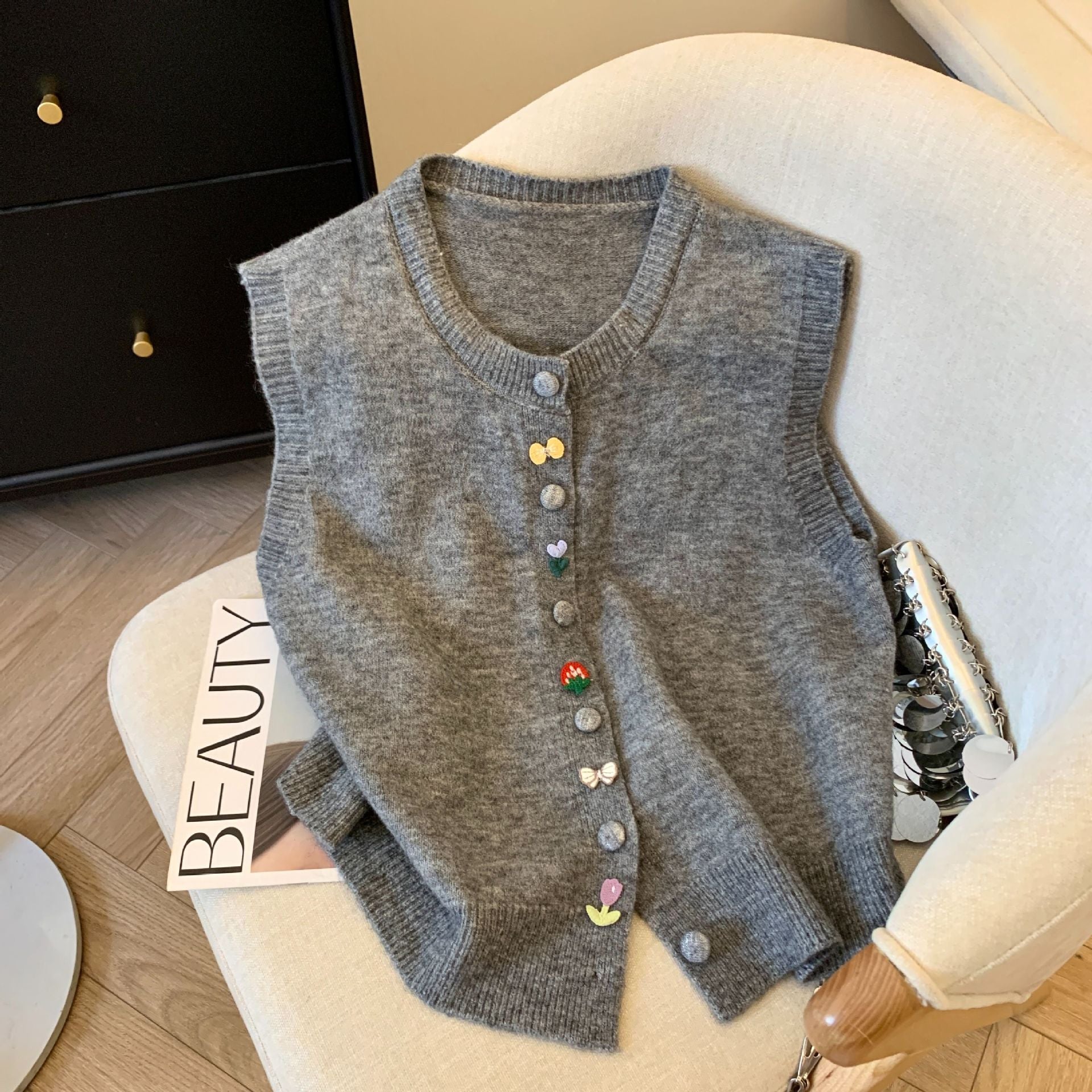 Sweet Style Colorful Button Knit Vest for Women Sleeveless Loose Slim Waistcoat Top