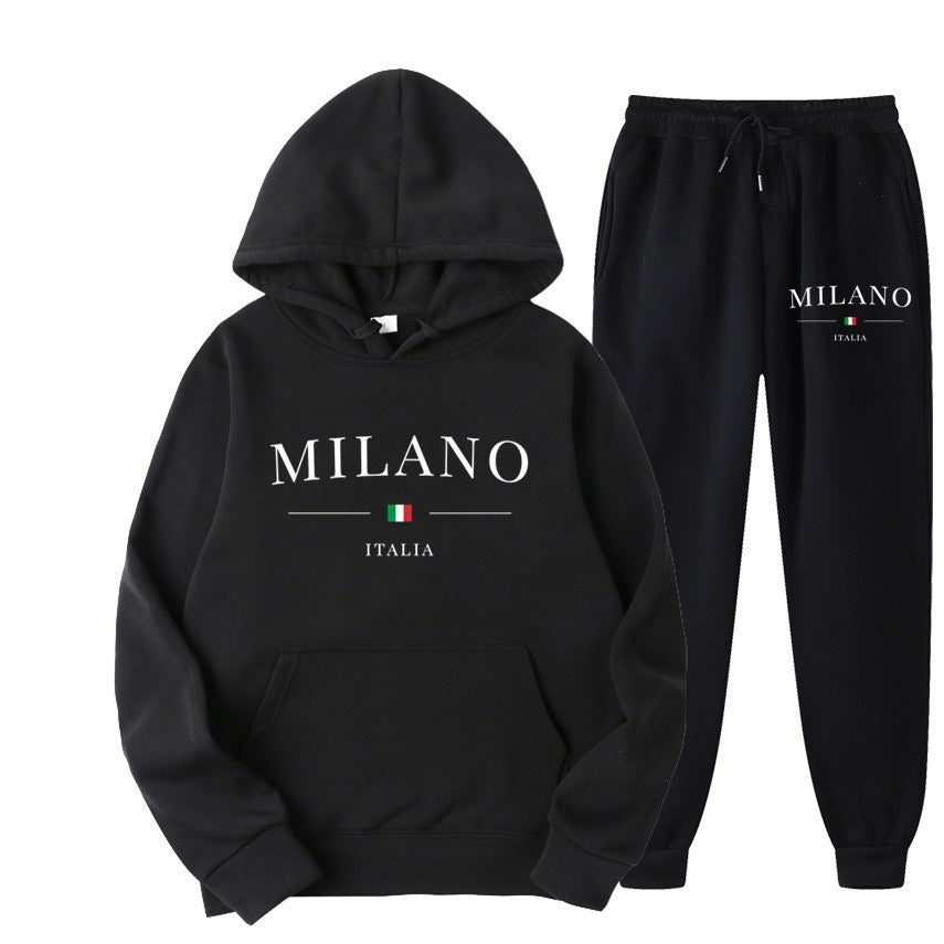 International  Hoodie and Sweatpants Set for Men and Women, Casual Fleece-lined Hooded Sweatsuit, Foreign Trade Print