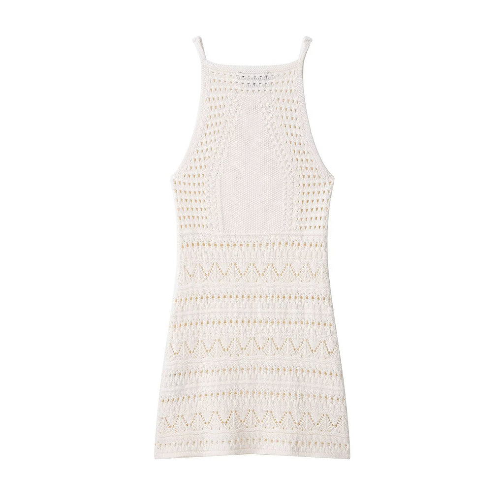 Round neck sleeveless suspender white crochet dress for women