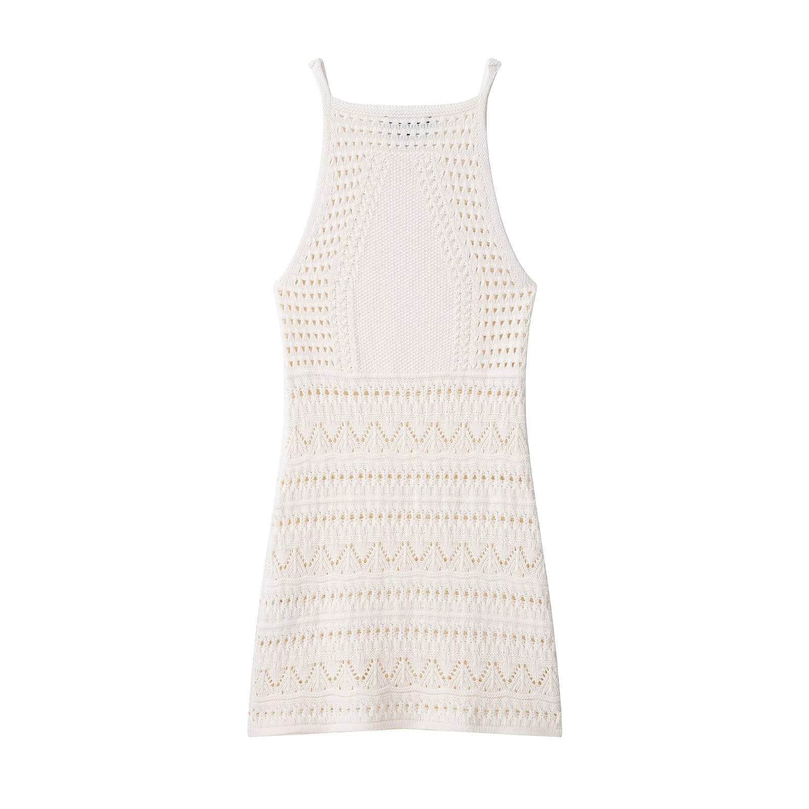Round neck sleeveless suspender white crochet dress for women