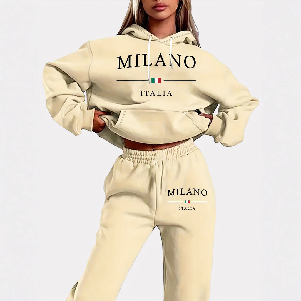 International  Hoodie and Sweatpants Set for Men and Women, Casual Fleece-lined Hooded Sweatsuit, Foreign Trade Print