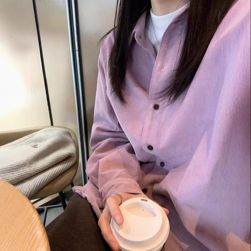 Elegant Vintage Corduroy Shirt Women Layered Inner Wear Blouse Loose Casual Slimming Long Sleeve Top