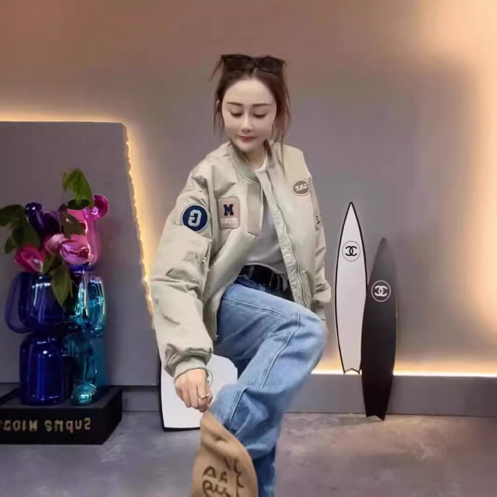 Oxford Composite Baseball Jacket Women Short  Pilot Jacket Short Petite Top