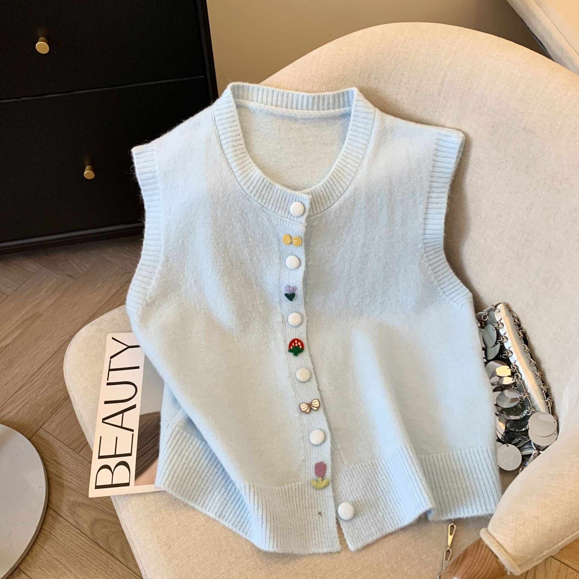 Sweet Style Colorful Button Knit Vest for Women Sleeveless Loose Slim Waistcoat Top