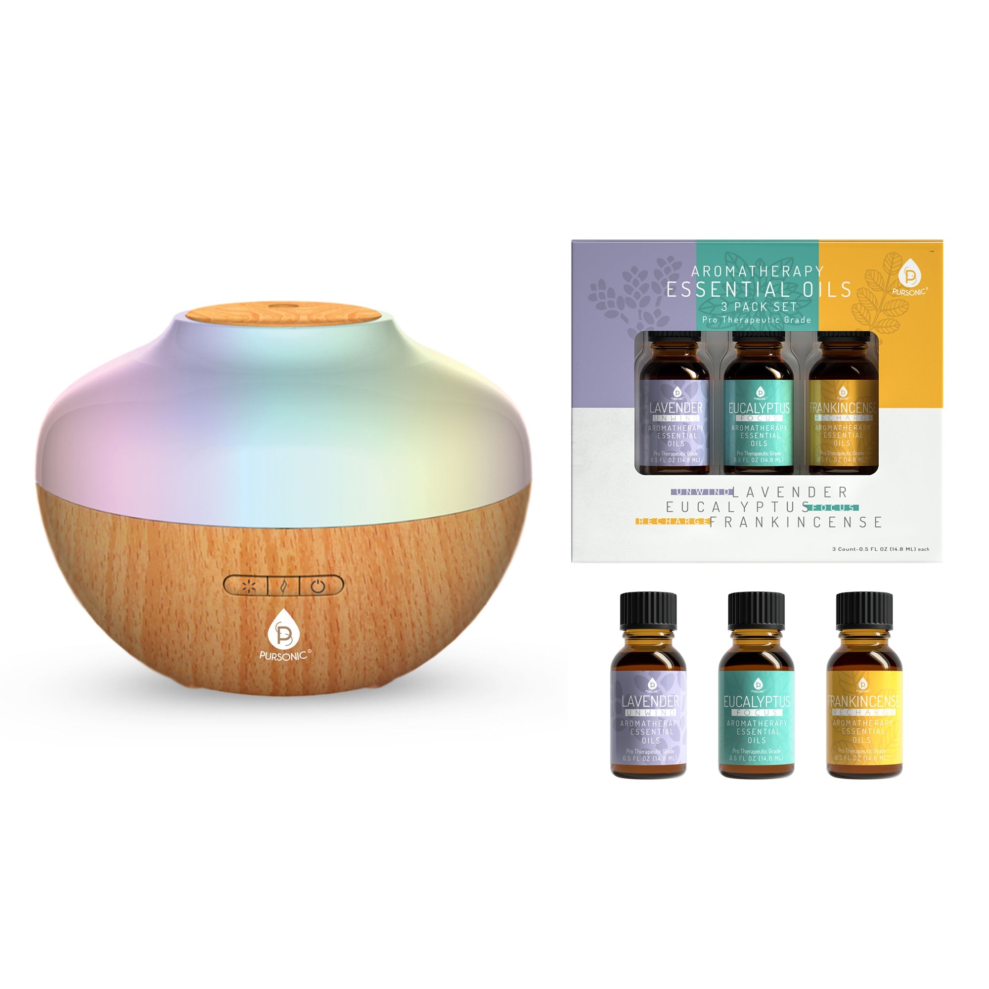 Pursonic Aromatherapy Diffuser & Essential Oil Set-Ultrasonic Top 3 Oils-300ml with 2 Mist Settings 7 Ambient Light Settings-0