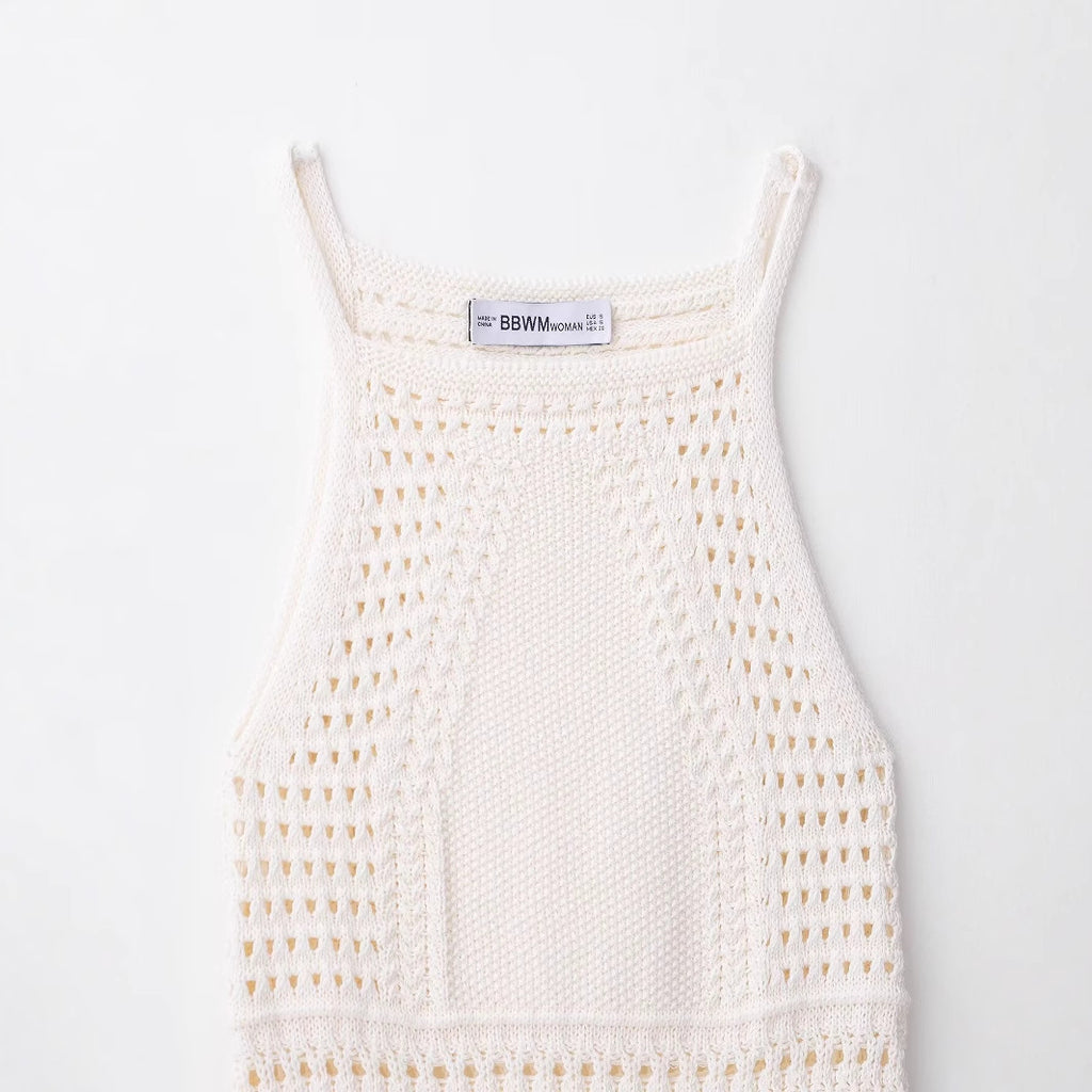 Round neck sleeveless suspender white crochet dress for women