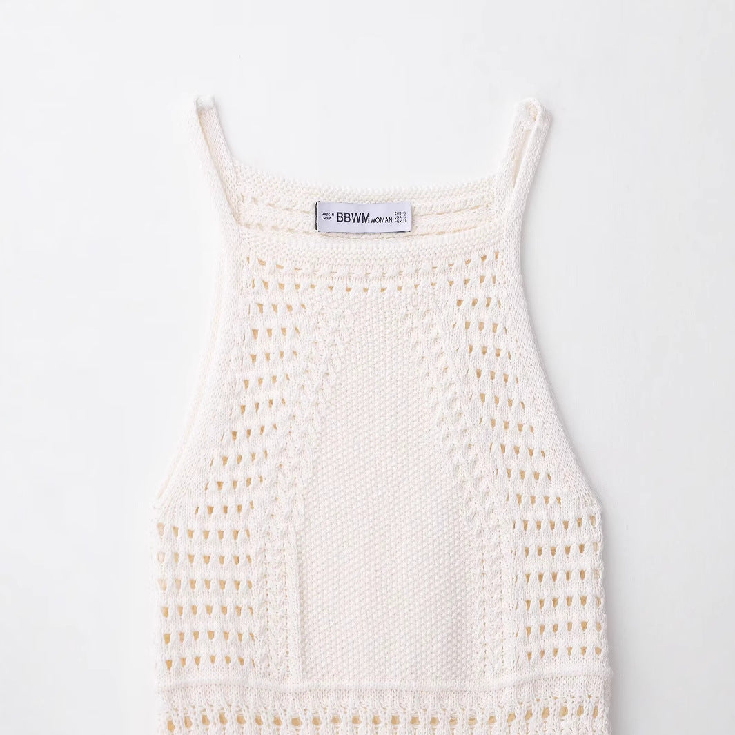 Round neck sleeveless suspender white crochet dress for women