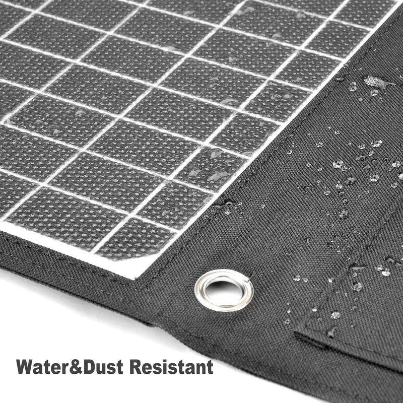 Close-up of Portable Solar Charger panel showing water and dust resistant features for outdoor use.