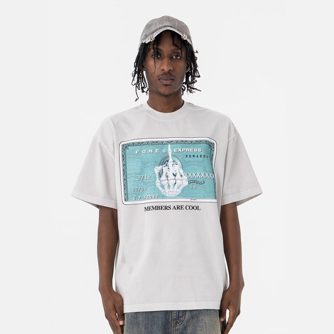 Men's Clothing Skull Finger Print Washed Retro High Street Short Sleeve T-Shirt