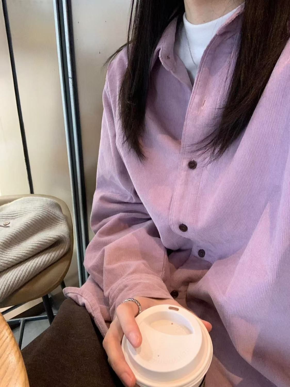 Elegant Vintage Corduroy Shirt Women Layered Inner Wear Blouse Loose Casual Slimming Long Sleeve Top