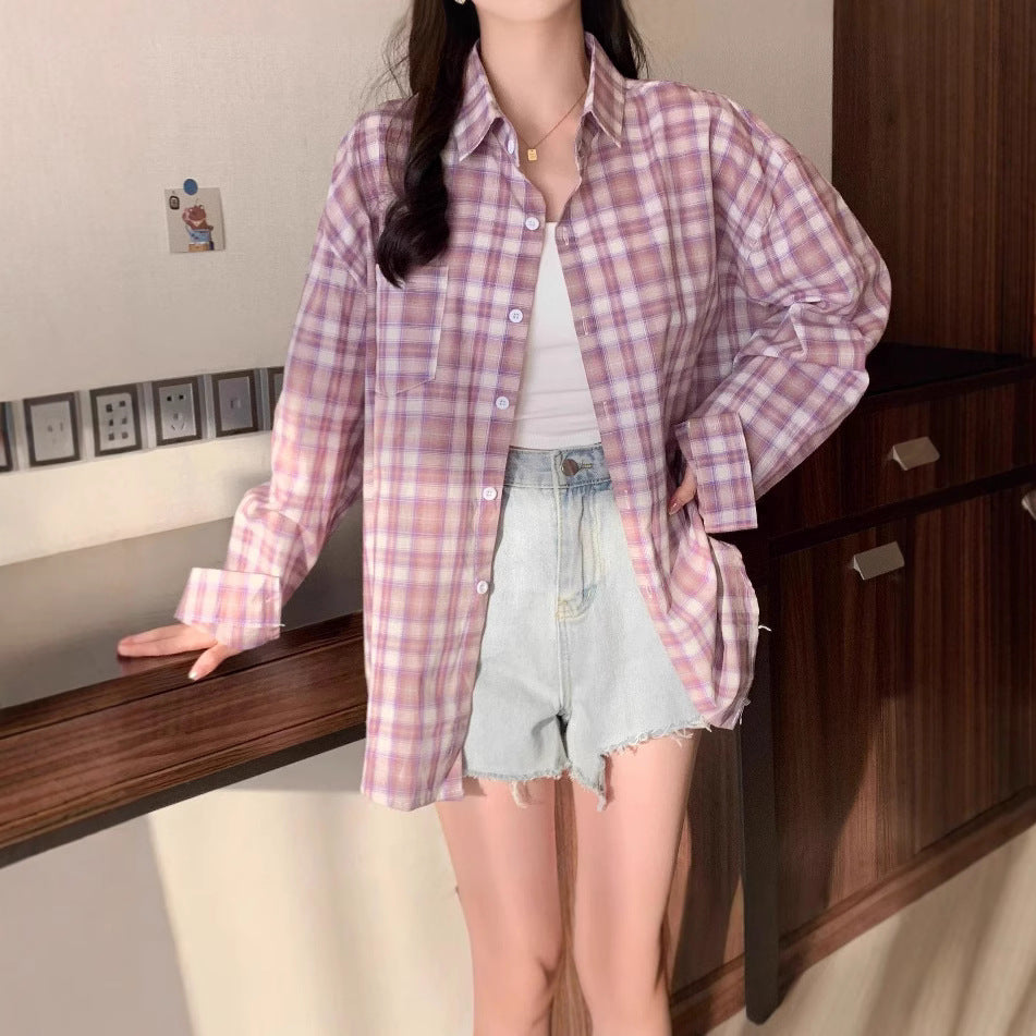 Elegant Lavender Purple Plaid Shirt Style Casual Top Design Sense Small Batch Sunscreen Blouse Jacket for Women