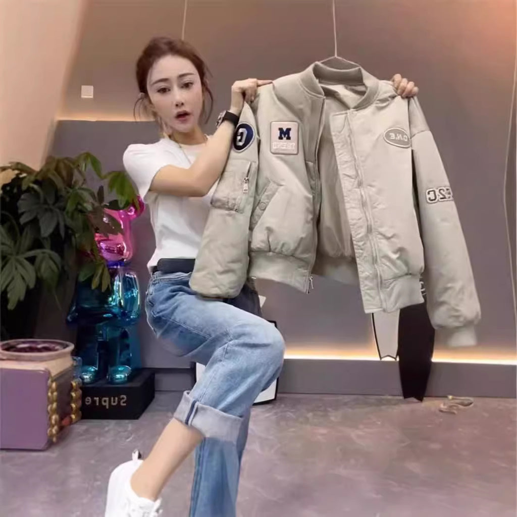 Oxford Composite Baseball Jacket Women Short  Pilot Jacket Short Petite Top