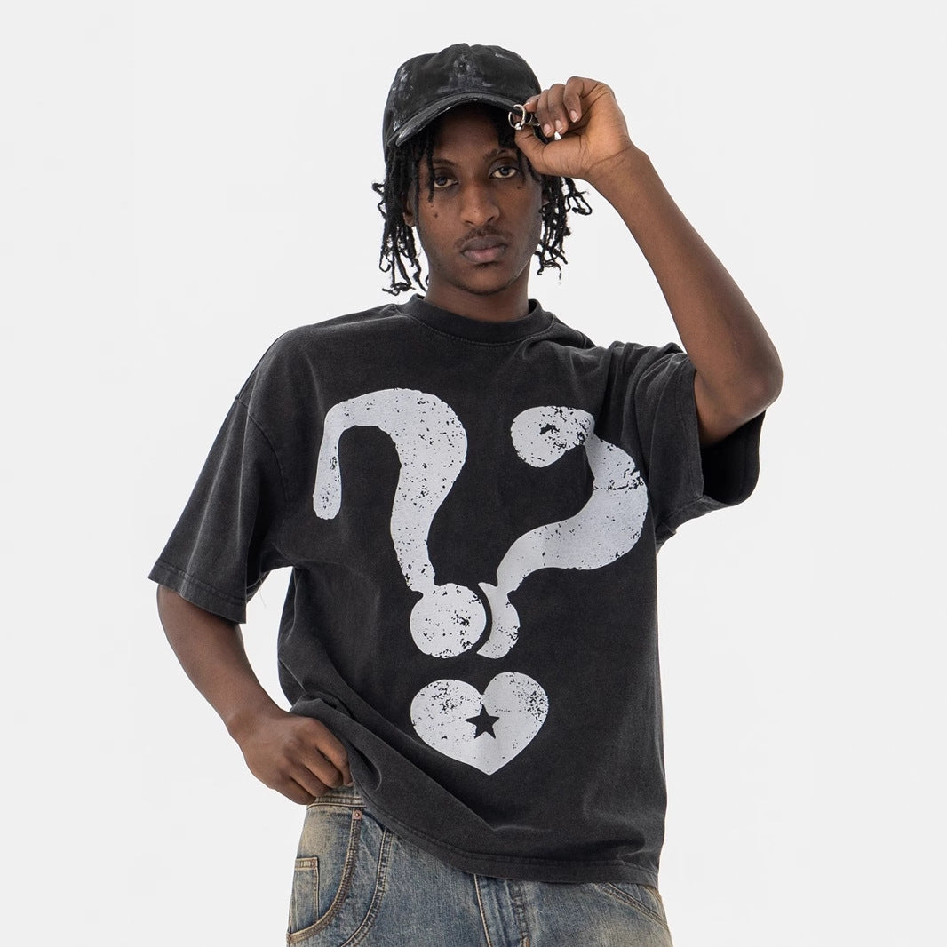 Men's Clothing Cartoon Mark Destroyed Print Heavyweight Washed Short Sleeve T-Shirt