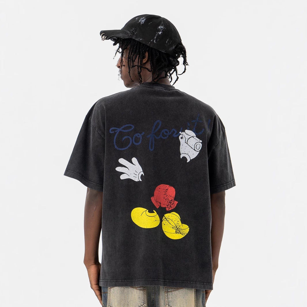 Men's Clothing Cartoon Mark Destroyed Print Heavyweight Washed Short Sleeve T-Shirt