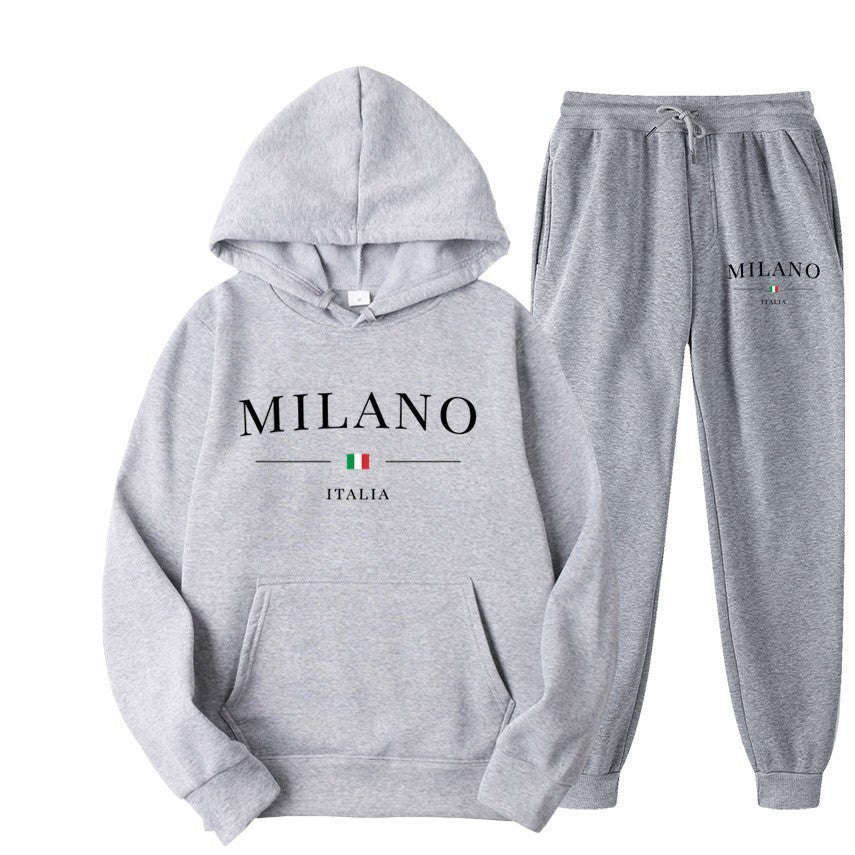 International  Hoodie and Sweatpants Set for Men and Women, Casual Fleece-lined Hooded Sweatsuit, Foreign Trade Print