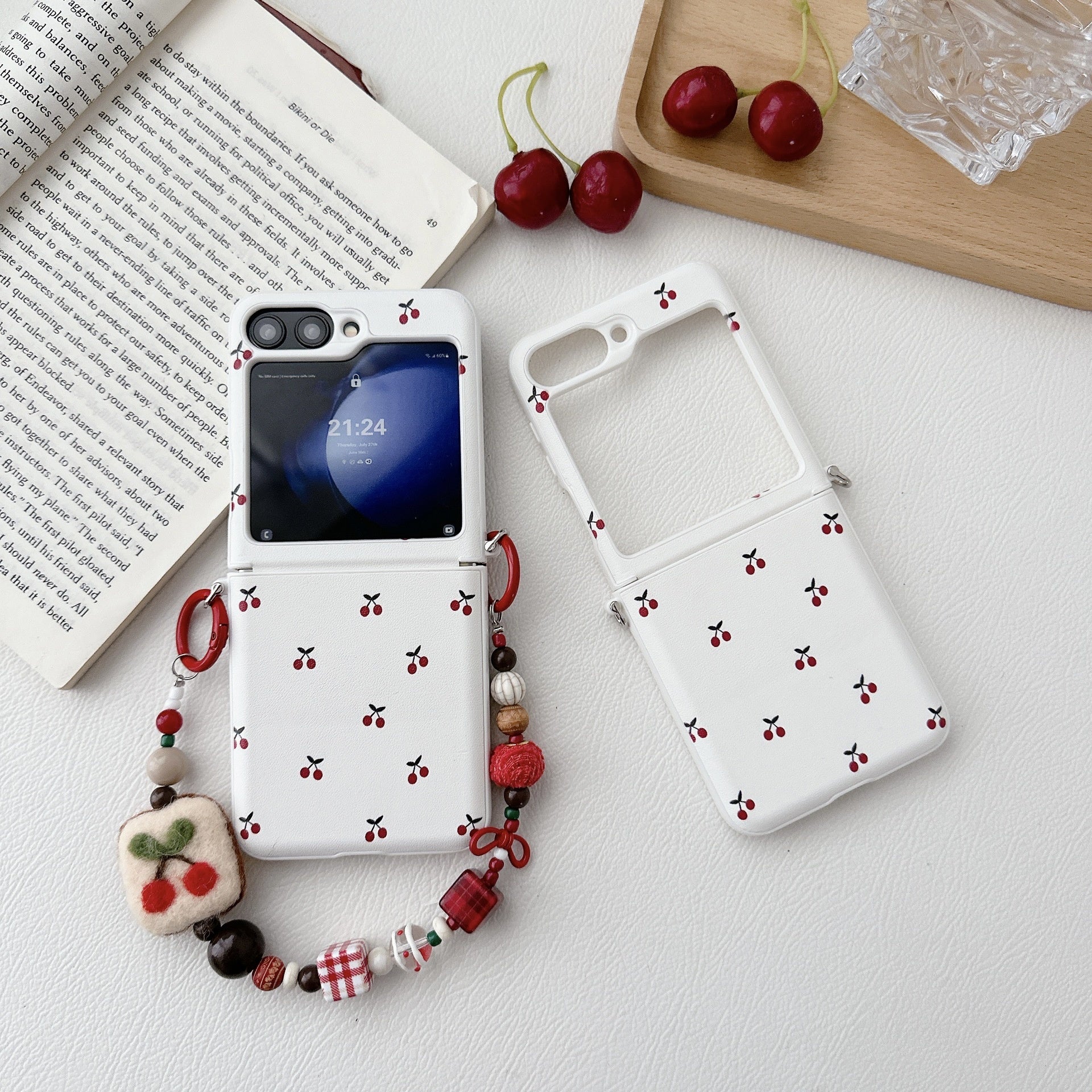 White Background Korean Style Cherry Phone Case for Samsung Z Flip 7/5/6/4 Foldable Protective Shell Compatible with Oppo and Huawei