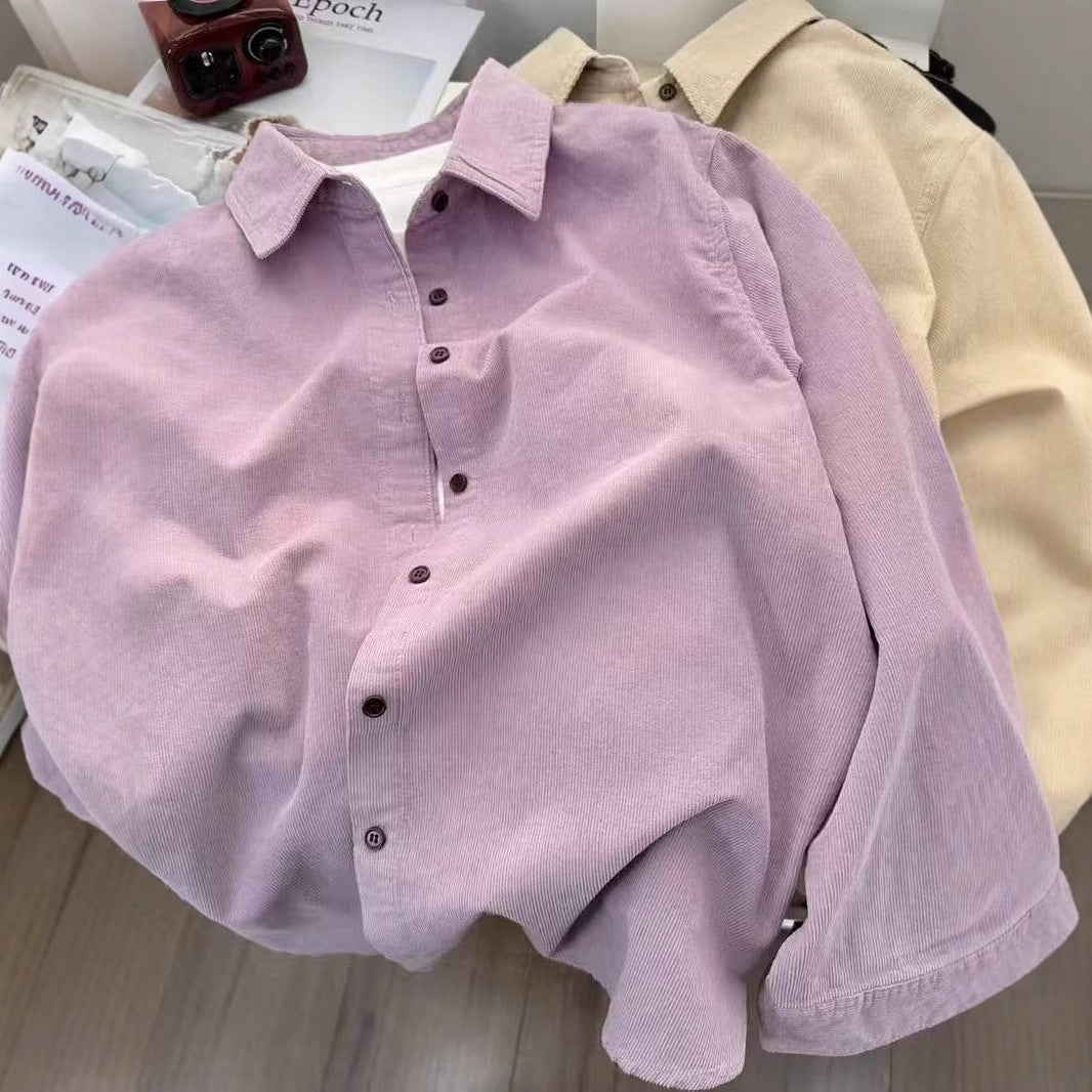 Elegant Vintage Corduroy Shirt Women Layered Inner Wear Blouse Loose Casual Slimming Long Sleeve Top